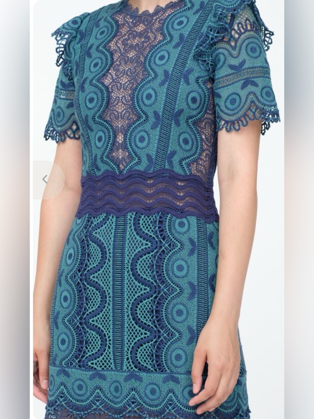 Sea New York Teal Navy Lace Mini Dress Size 8 Crochet Asymmetrical Boho Cocktail - Picture 3 of 11
